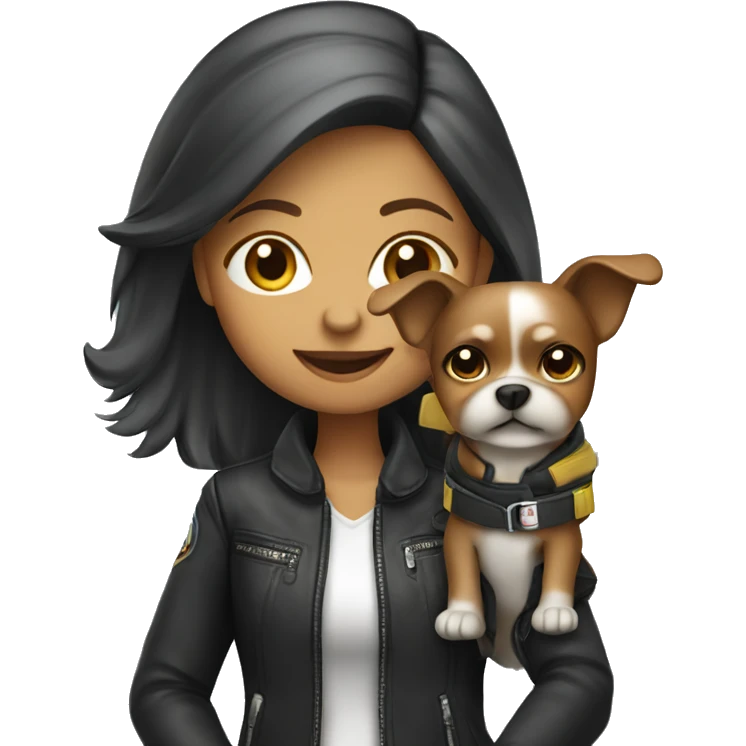 working with laptop female small dog wearing moto jacket emoji