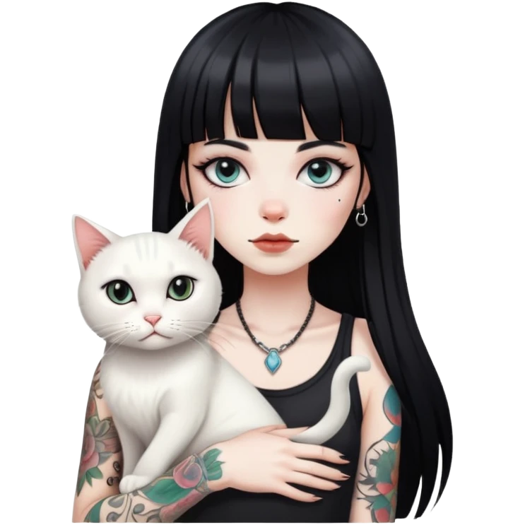 girl with long black  straight bangs hair and tattoos and a white cat emoji