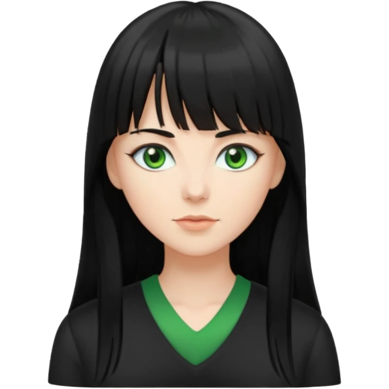 A white woman with Long straight hair with bangs, black hair, green eyes and a black low-cut shirt emoji