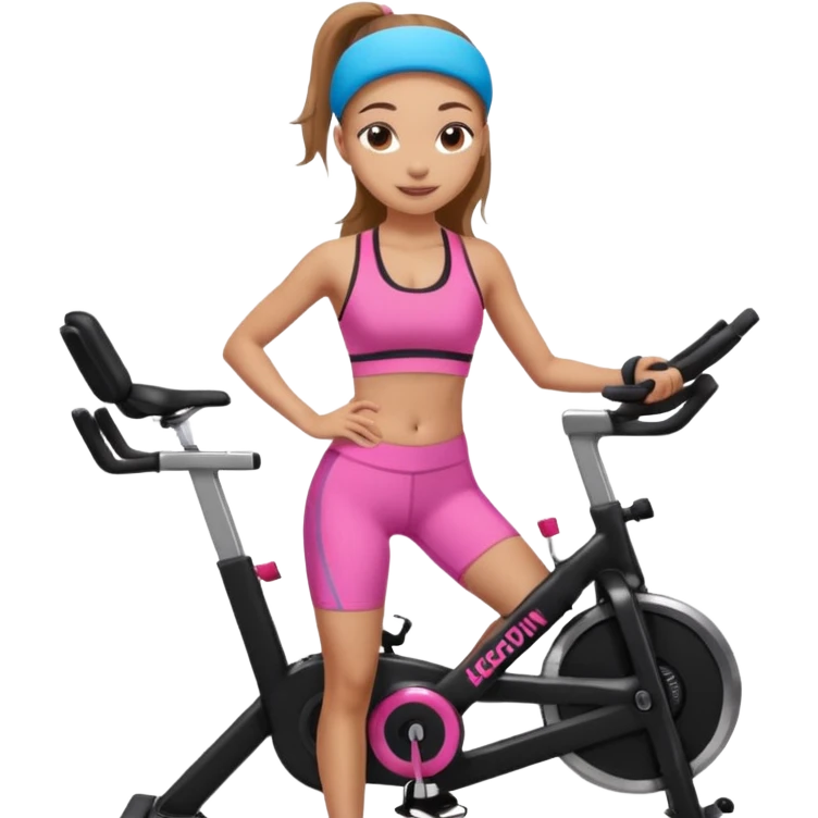 Light skin girl with long light brown hair in a pony tail, black workout set leaning on a indoor spin bike with NO HELMET, can we add a pink sports bra that says HOT GIRL CYCLE CLUB emoji