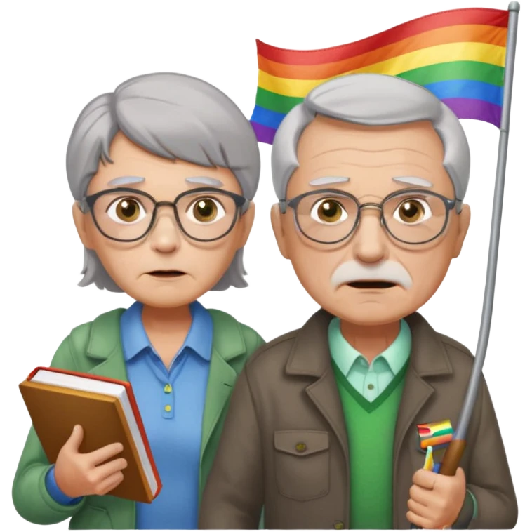 make old old man like 80 with gray hair and fur has HUGE EYE brows and glasses and is always mad and gay holding the rainbow flag and walking a young girl about 1 with brown hair and green eyes with a moth book with the other hand emoji
