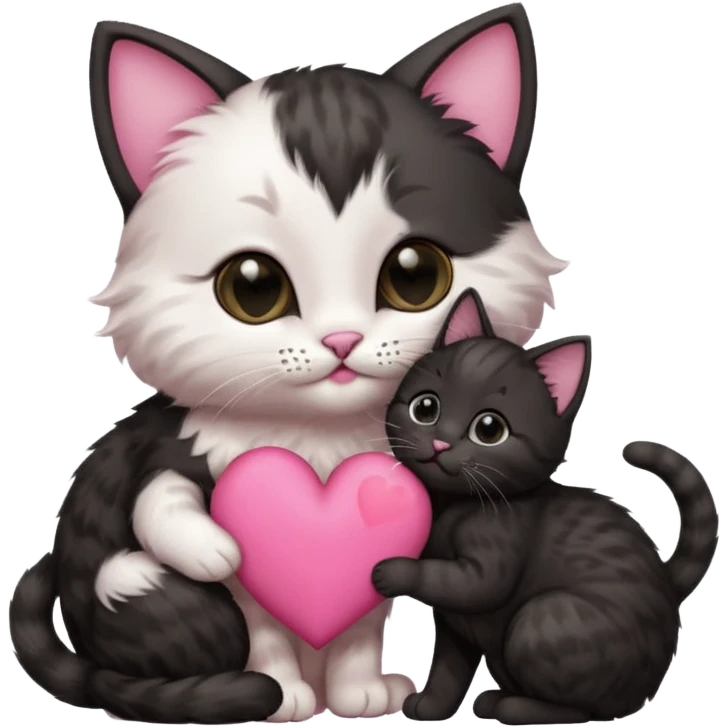 Kitten kissing black mommy kitten on the cheek with a pink heart symbol emoji