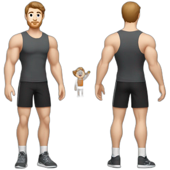 Full height Actively gesturing with hands Pale skinned Fit Man With the biceps and brown hair in dark gray Sleeveless Mike, black oversize sports shorts, watch and white Sneakers emoji