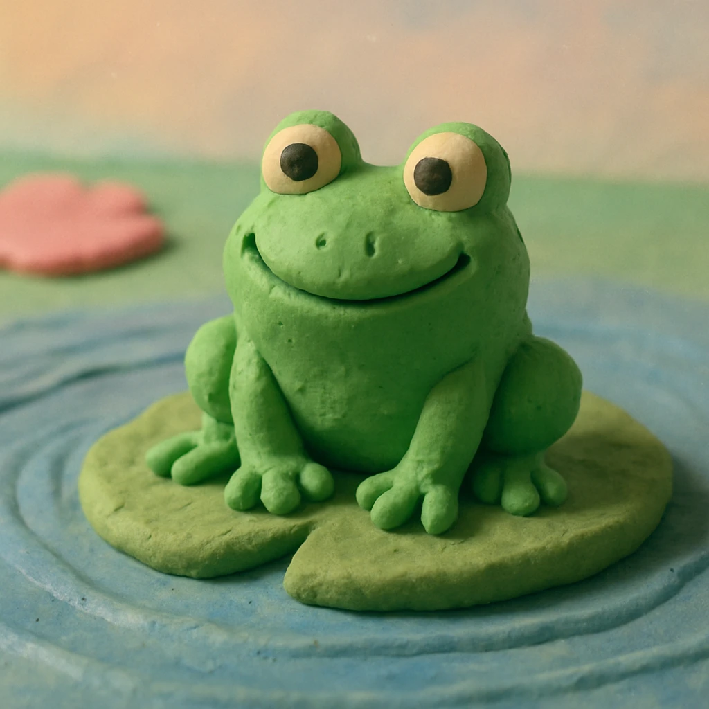 close-up of a smiling frog on a lily pad, gentle ripples in the pond, pastel background, claymation style emoji