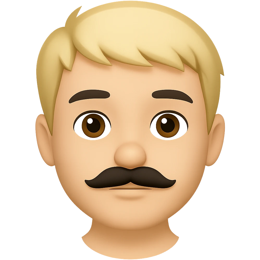 Make the mustache smaller, keep short messy blond hair, emoji style, preserve transparent background, neutral expression. The style should resemble apple style emojis with concise prompt focus. emoji