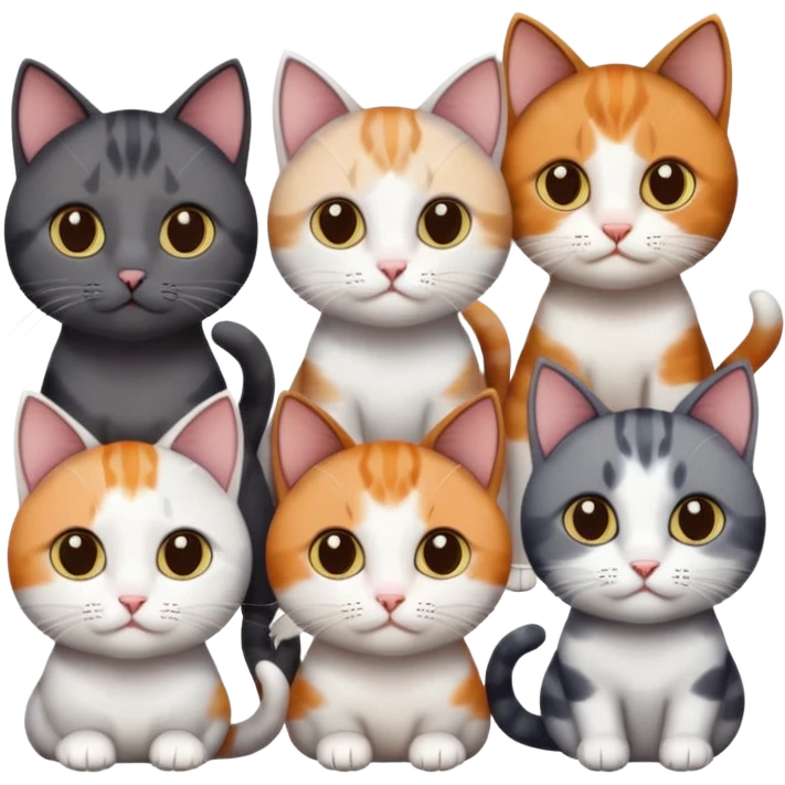 5 different coloured short haired cats including; a dark brown and white cat, and a dark grey and white, and a calico emoji