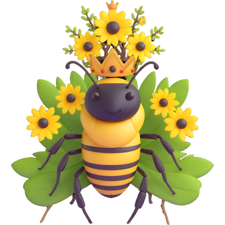 a bumblebee with a quirky homemade queen crown crafted from twigs and flowers emoji