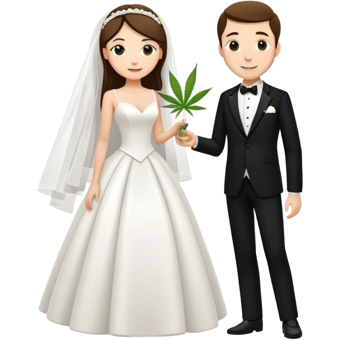 A bride in white wedding dress and groom in tuxedo, full body, sharing cannabis, wedding couple, different pose emoji