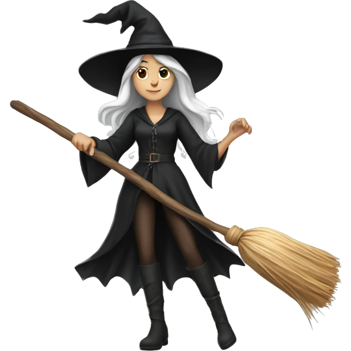 witch on a broom dark long hair white skin emoji