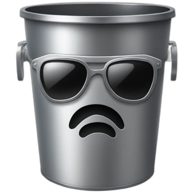 metal trash can with similing sunglasses face, brain on top emoji