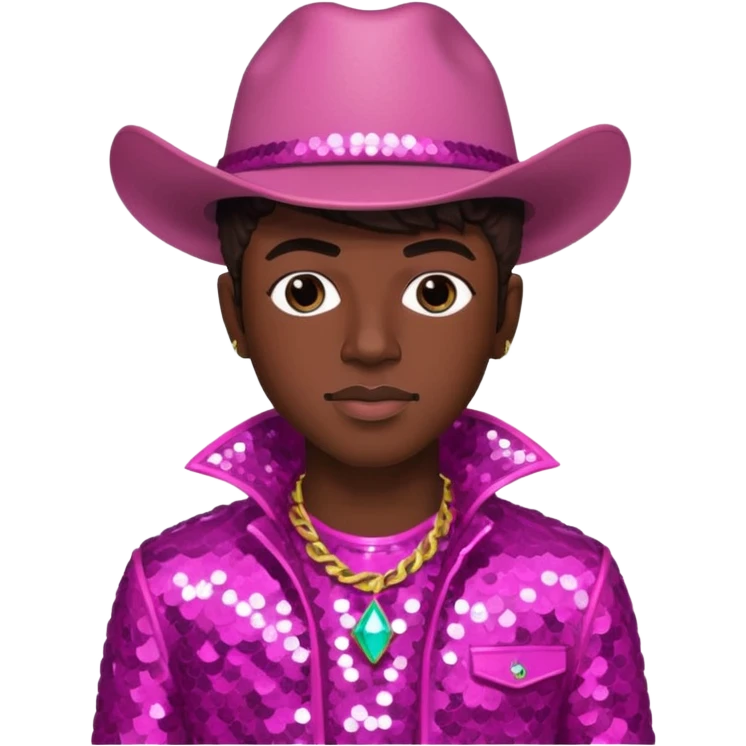Lil Nas X with dark brown hair, dark pink sequin outfit emoji