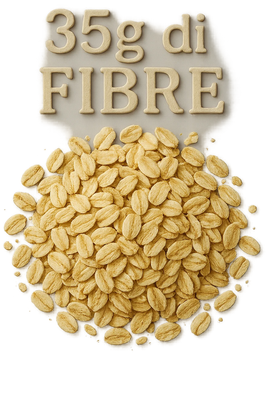FIOCCHI DI AVENA VISTI DALL'ALTO E LA SCRITTA "35g di FIBRE" IN RILIEVO, IPERREALISTICO 4K emoji