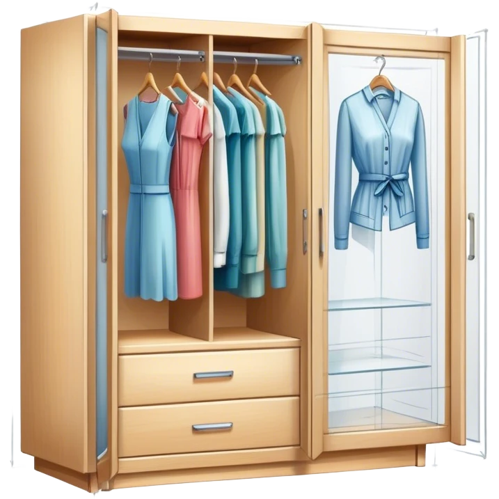 Icon for Furniture Design: a semi-transparent sketch of a wardrobe with a 3D model, pencil strokes, and development metrics. Without dress. The icon should represent the process of creating and refining furniture design. Transparent background. emoji