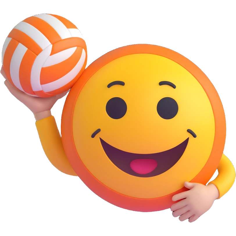 3D smiley emoji, round shape, with volleyball, sporty face emoji