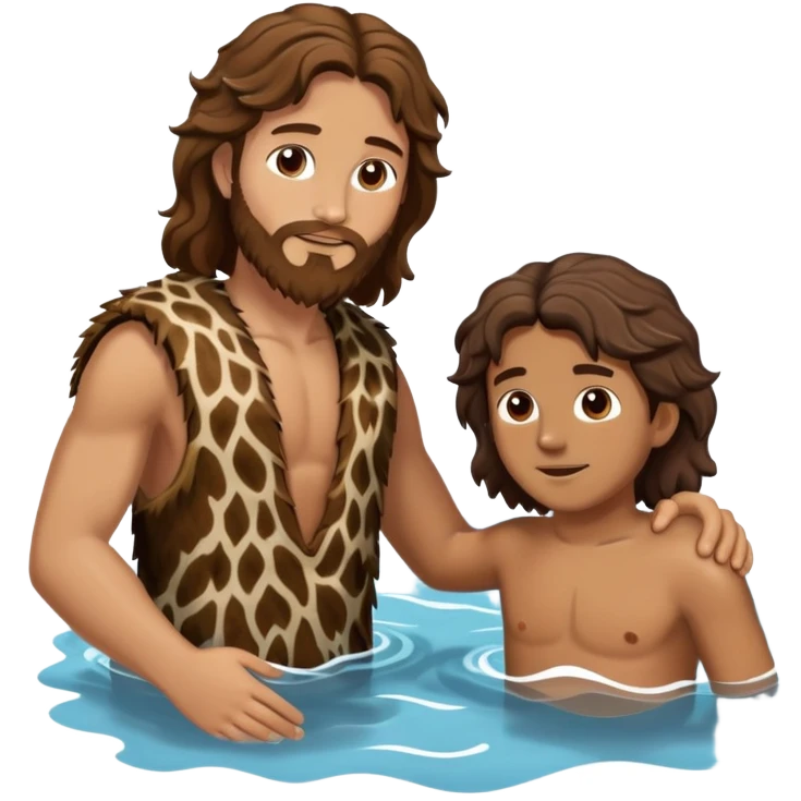 wavy hair John the Baptist, animal skin clothes, meets Jesus in the water emoji