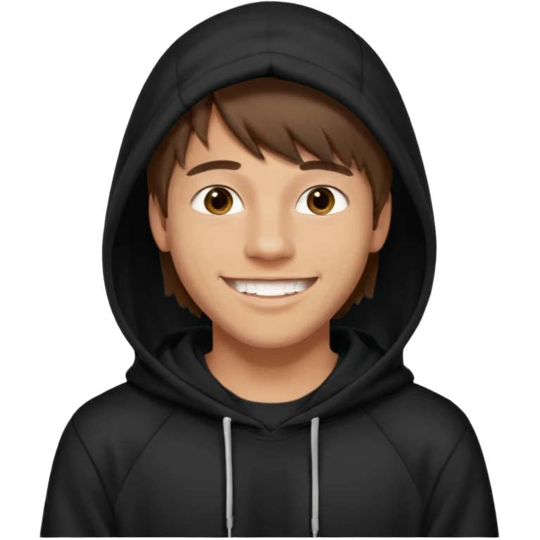 20 yr old man, brown hair, straight, big smile, white teeth, tanned skin, bangs, black hooded sweatshirt, long hair in back emoji