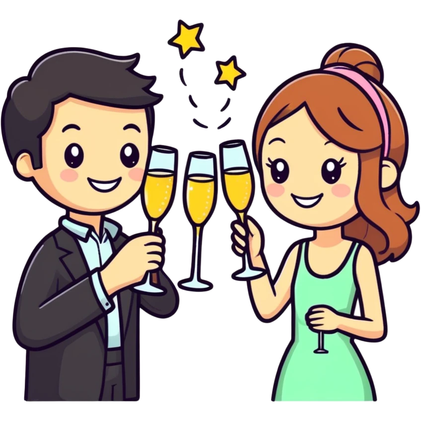 man and girl toasting with sparkling wine, smiling, cartoon sticker style emoji