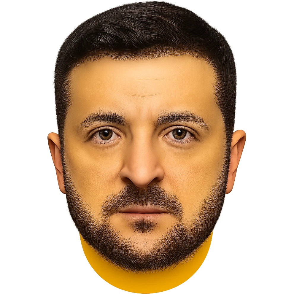 emoji-style portrait of Vladimir Zelensky with a yellow round face, very recognizable and detailed facial features, realistic eyes, hair, and beard, high quality emoji