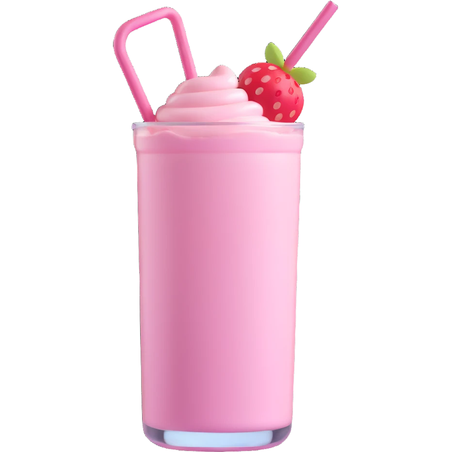 3D style strawberry milkshake with pink hue and cherry on top, double straws, heart-shaped glass emoji