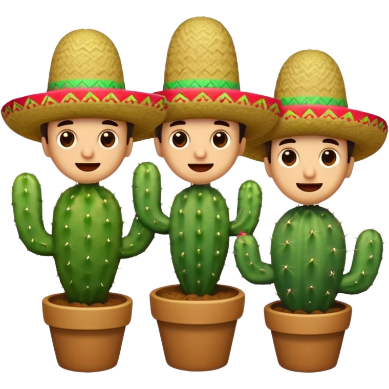 a trio of cactuses, each with distinct face: cheeky, joyful, surprised, all wearing festive Mexican sombreros, cute expressive emoji style emoji