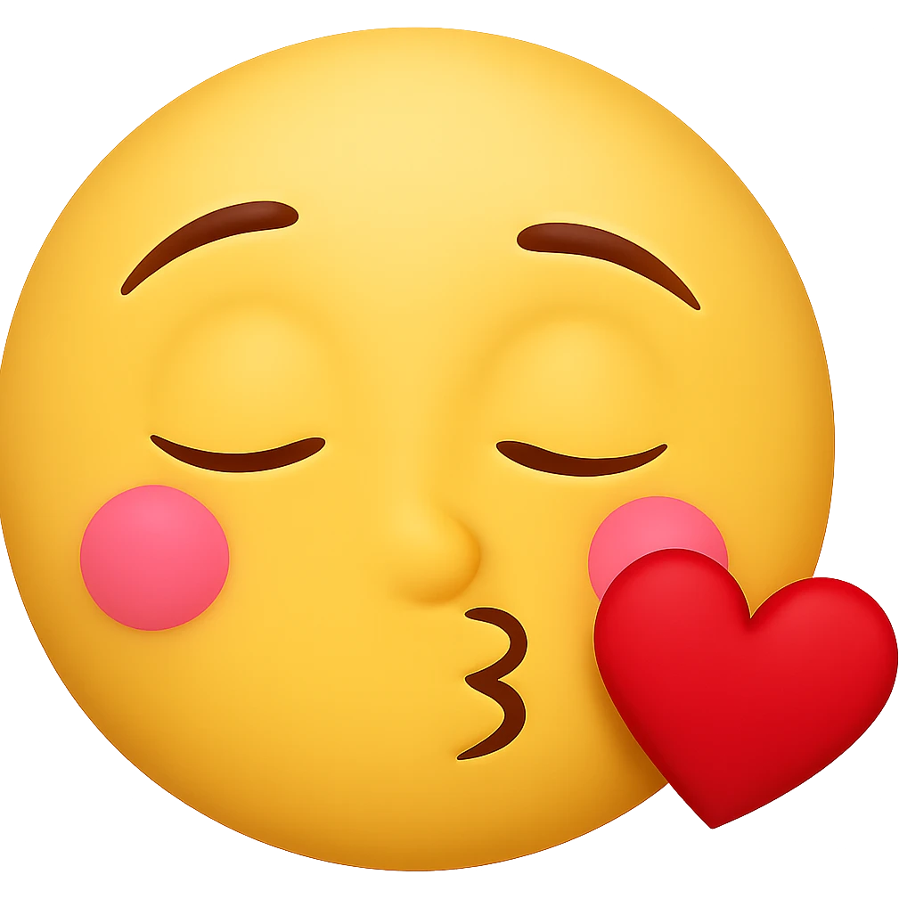 Add a red heart to the kissing emoji with eyes closed, keep the background transparent, maintain the emoji style and details. emoji