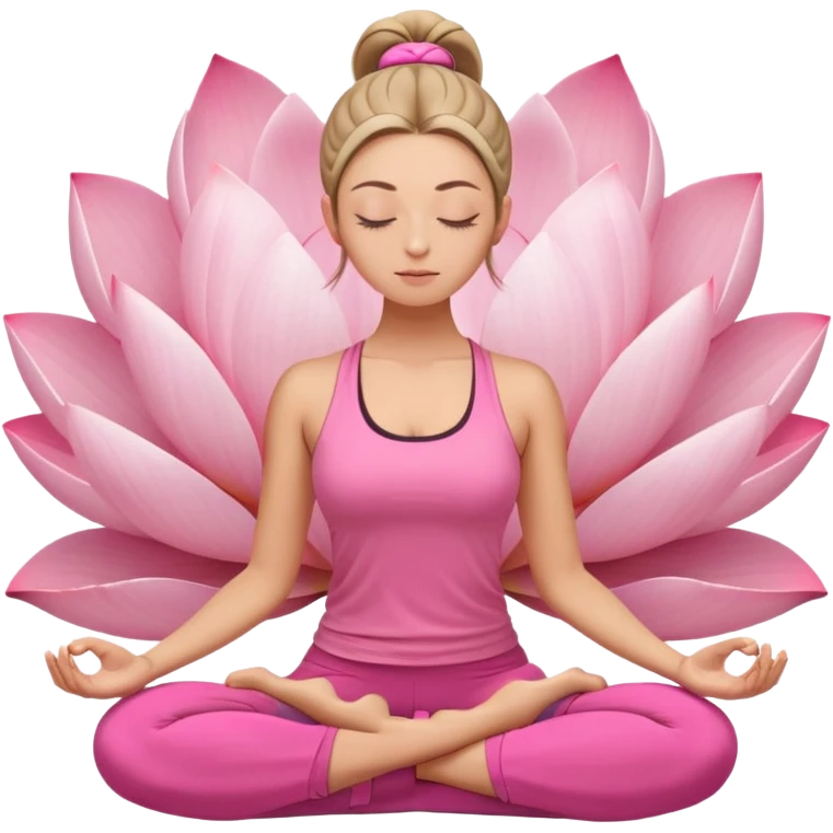 white woman with neat ponytail hairstyle, sitting in lotus position, meditating with closed eyes and serene expression, wearing pink yoga outfit emoji