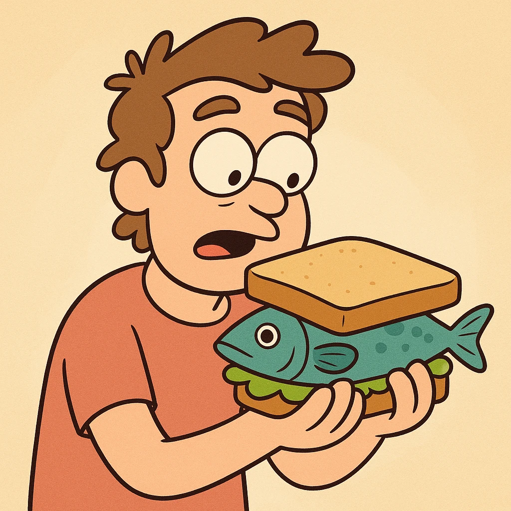 soft cartoon style sandwich with bread and fish, bright colors emoji