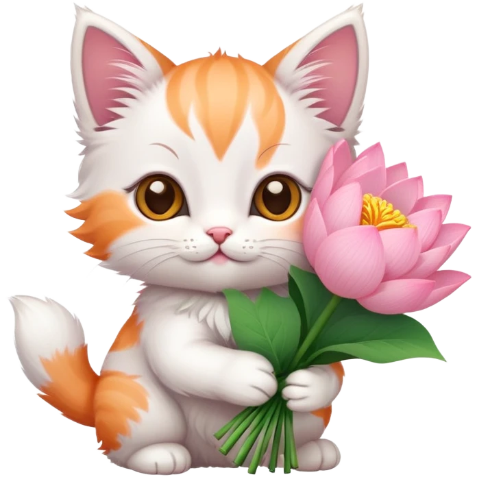 Kitten holding a bouquet of lotus flowers emoji