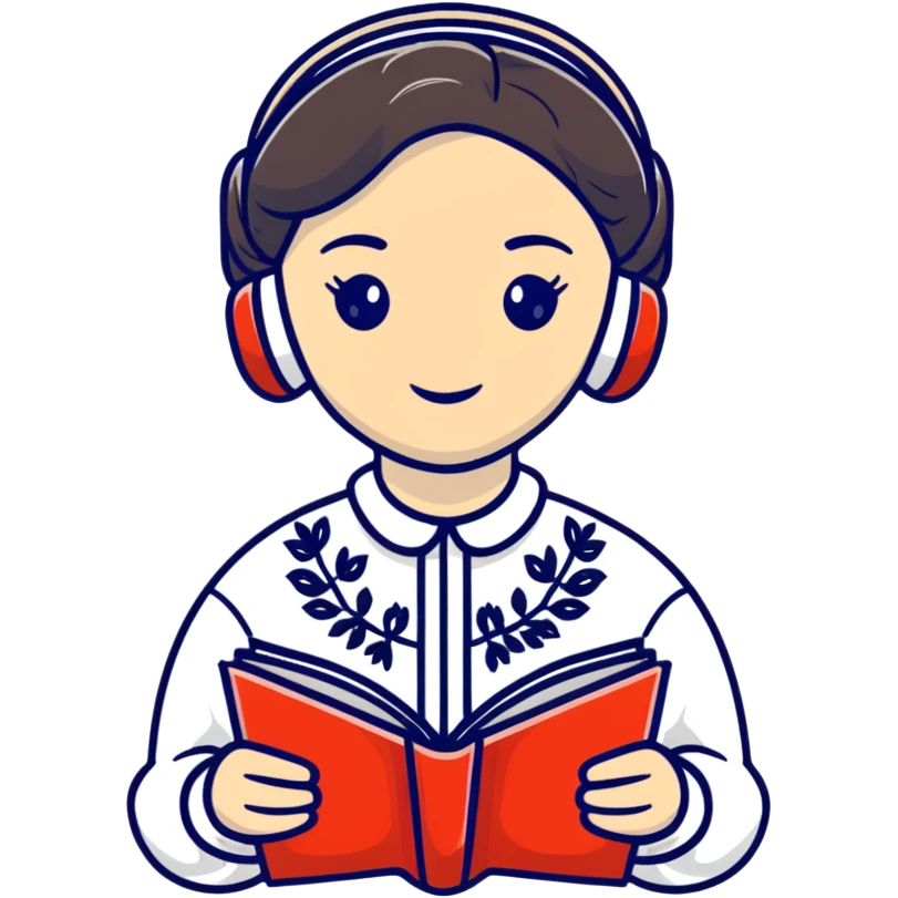 Young Ukrainian librarian wearing a traditional white embroidered vyshyvanka shirt with books emoji