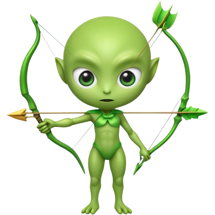 3D emoji-style green alien holding a bow and arrow, glossy texture, smooth skin, large expressive eyes, small humanoid body, minimalist background, soft lighting, Pixar-style rendering, high detail, cute but slightly serious expression, clean centered composition. emoji
