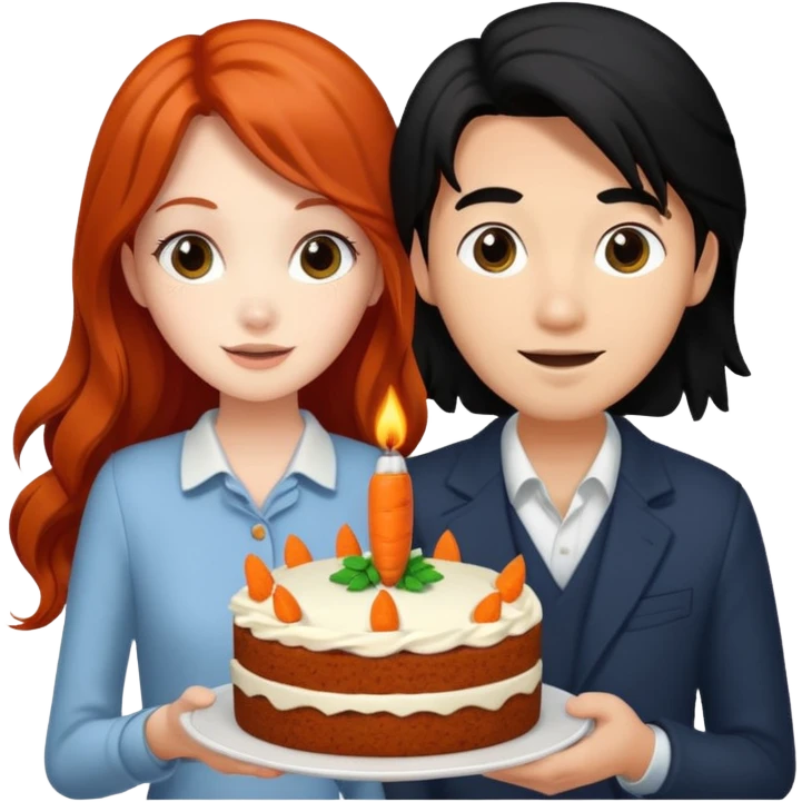 Redhead girl and Asian guy with long black hair and carrot cake emoji