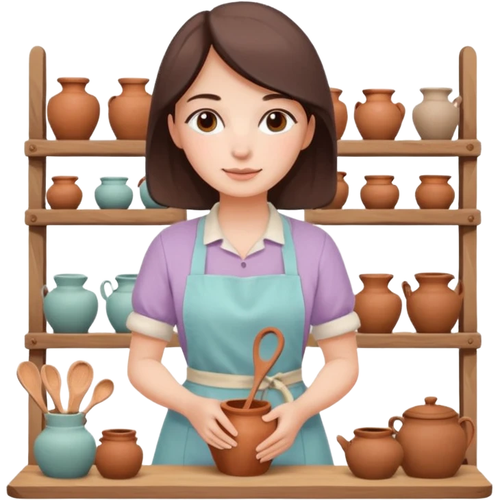 cartoon Apple iOS emoji style woman, pastel colors, Chilean wooden kitchen background, clay pots, warm light, detailed and clean vector art emoji