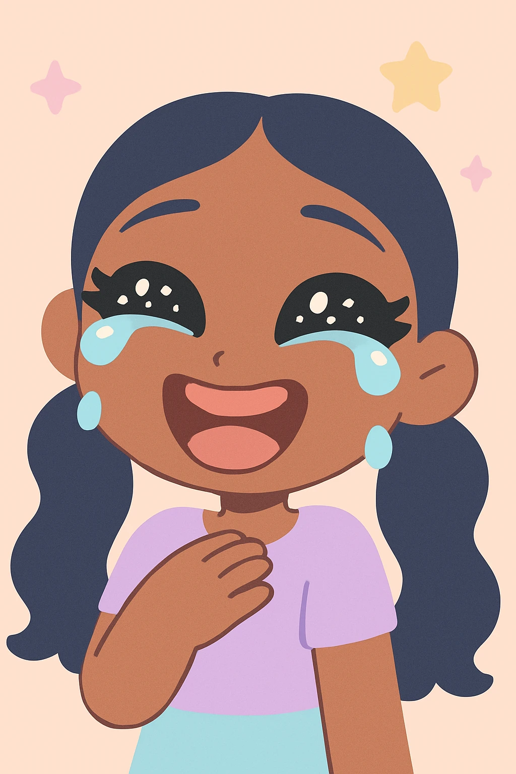 Bratz doll inspired anime character, dark skin, dark hair, laughing so hard she cries, big expressive eyes, glossy lips emoji
