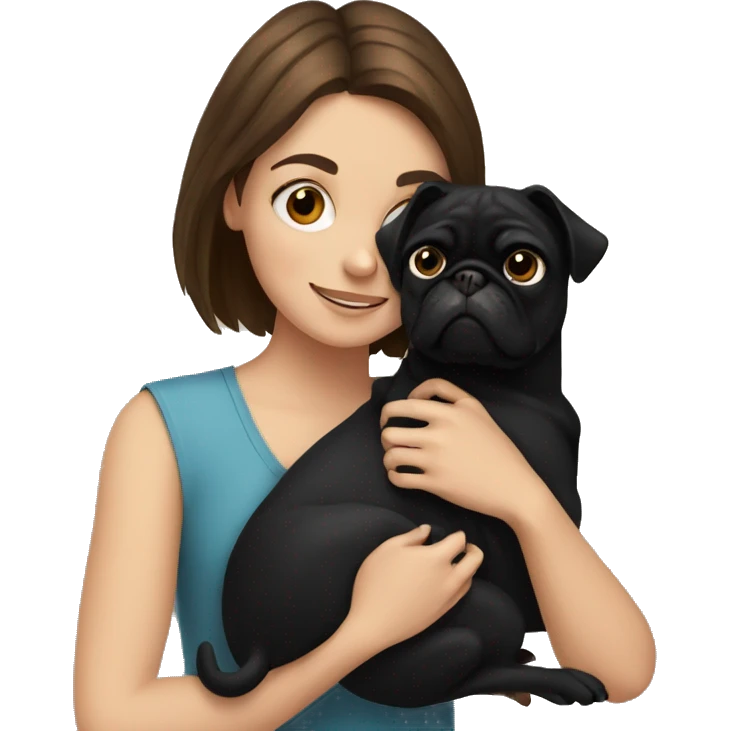 A girl with brown hair hugging a black pug dog emoji