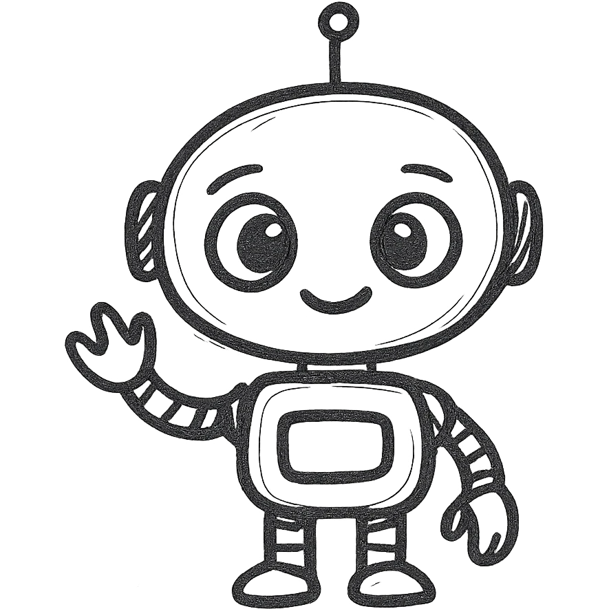 A cute, cartoonish, and friendly robot with a round head, big expressive eyes, and a small body, giving off a welcoming and helpful vibe emoji