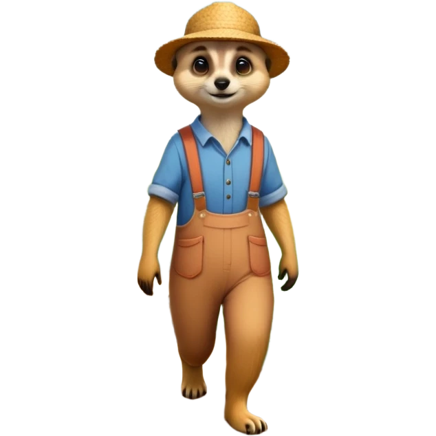 A Meerkat, dressed as a farmer, walking in the field with flowers and bushes surroundings and butterflies flying above  emoji