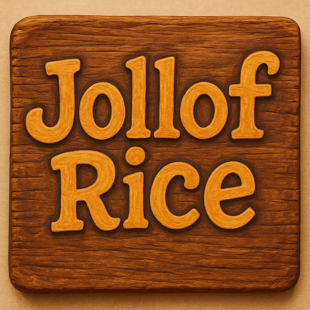 Make the sign look like it is made of wood, keep the text 'jollof rice' clear and playful. The style should resemble a wooden texture sign with playful and clear text. emoji