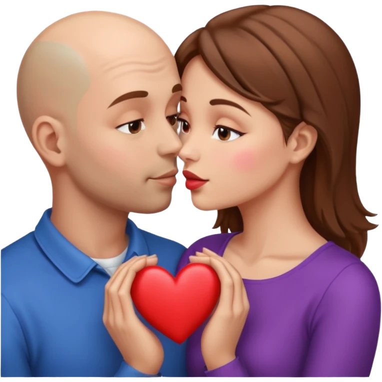Loving couple kissing, Love, hearts. Woman brown hair, man is bald emoji