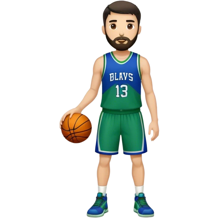 Full Body  white male basketball player with short dark hair and beard wearing blue and green uniform emoji