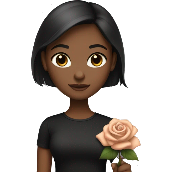 A girl with brown skin, dark brown hair and grey eyes in a black shirt holds a rose gold MacBook emoji