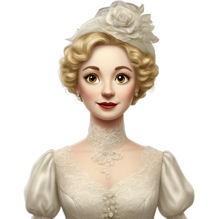 Hyper Realistic ornate 
edwardian Wedding dress displays emoji