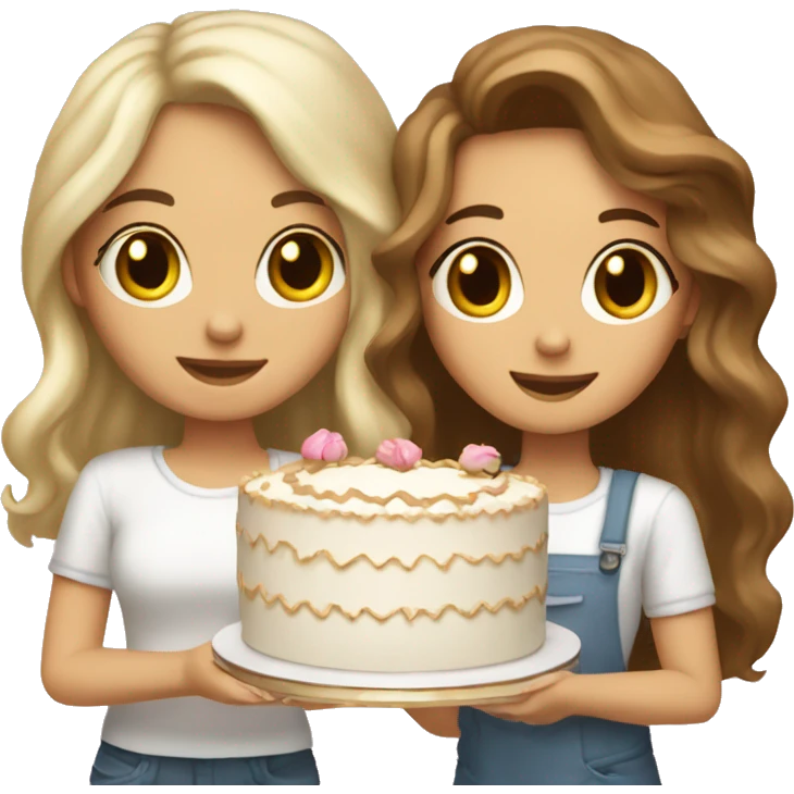 girl with blond wavy hair and tall girl with brown straight hair together holding big white cake emoji