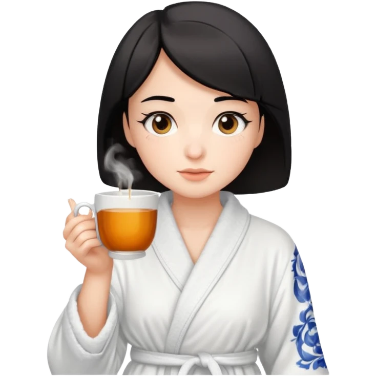 White girl with brown eyes and short black hair drinking a cup of tea in a bathrobe emoji