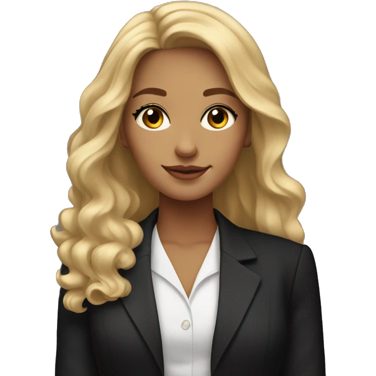 A professional young woman with long, wavy blonde hair, brown eyes,dressed in a black blazer over a white blouse. emoji