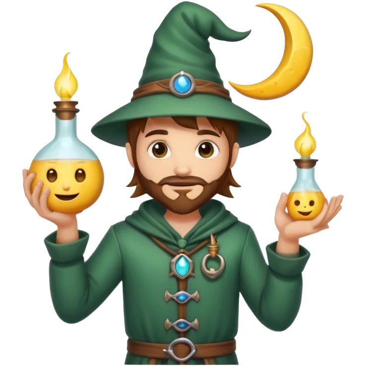 human forest alchemist character holding crescent moon like a glowing flask, mischievous idea face emoji