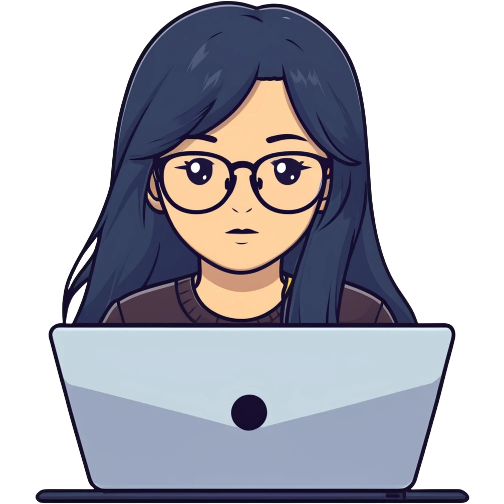 Girl with long black hair, glasses, nostril piercing, and a computer emoji