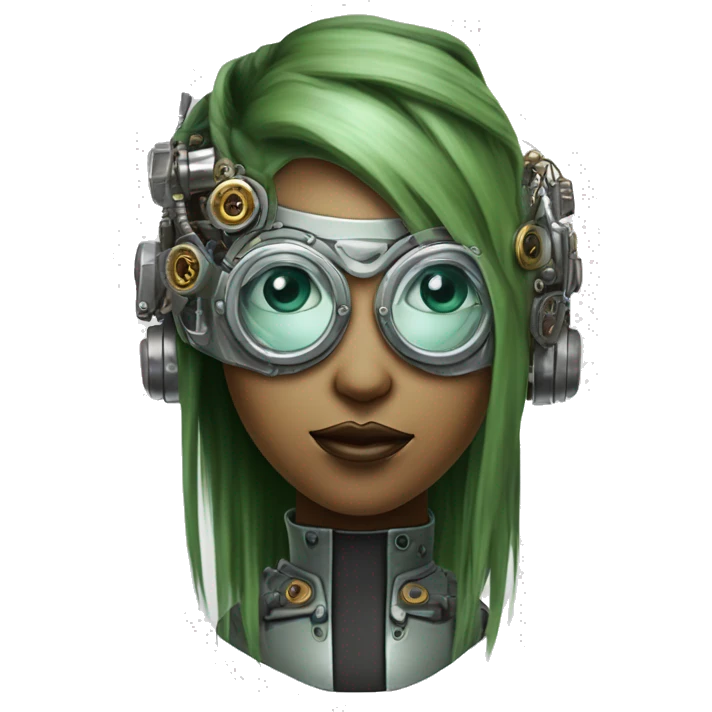 Olive green hair female cyborg head with silver steampunk goggles, goatee and circuits emoji