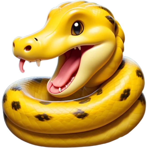 Cinematic Cute Yawning Anaconda Portrait Emoji, Head tilted slightly with a dramatic, wide-open yawn, showcasing a sinuous, scaled form with half-closed, drowsy eyes and an open, relaxed mouth, Simplified yet irresistibly adorable features, highly detailed, glowing with a soft, cozy jungle glow, high shine, relaxed yet expressive, stylized with a dash of whimsical reptilian charm, soft glowing outline, capturing the essence of a drowsy yet affectionate anaconda that appears ready to stretch out for a nap! emoji