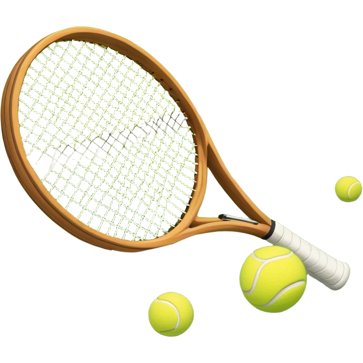A tennis racket and ball positioned on a grass court, with the net and lines clearly visible in the background. The scene emphasizes the classic elements of the sport, capturing the energy and precision of a tennis match. emoji