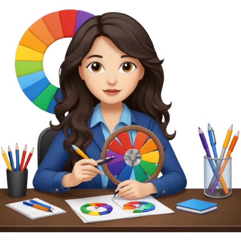 female dark wavy long hair graphic designer , holding color wheel , pens, papers, desktop emoji